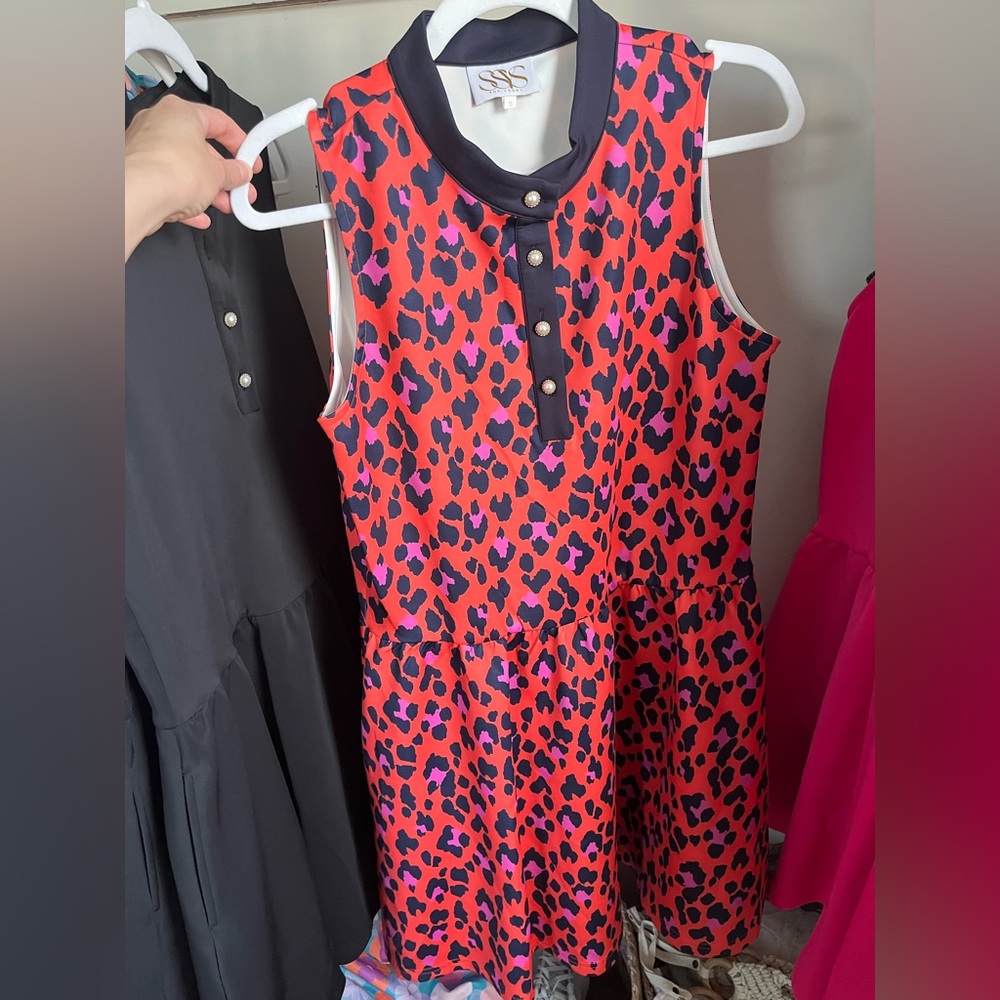 Sleeveless Coral & Pink Leopard Print Dress with Navy Trim SSYS
